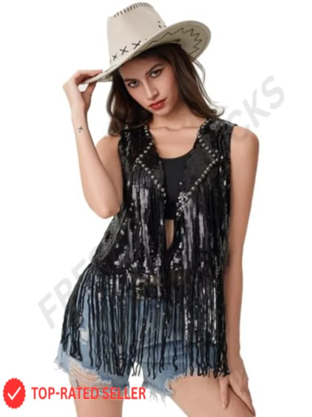 Sequin Fringe Vest Sleeveless Open Front Glitter Party Cowgirl Concert Jacket
